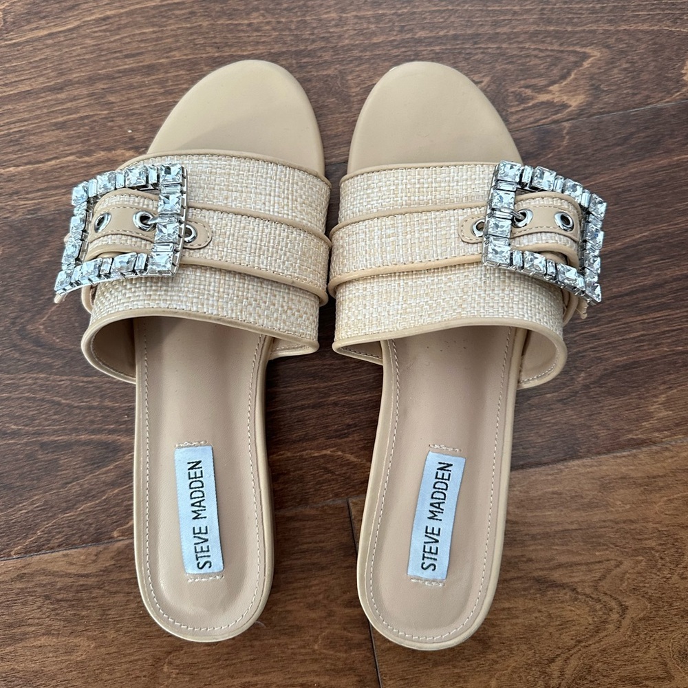 Steve Madden Tan Sandals with Silver Buckle